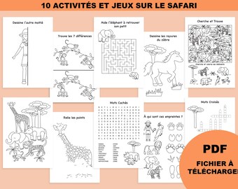 Franse afdrukbare verjaardagsspellen, thema jungle verjaardag, verjaardag savanne, verjaardagssafari, afdrukbare kleurplaat, activiteiten voor kinderen pdf