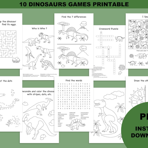 Jeux anniversaire dinosaure, jeux pour enfant à imprimer, cahier d'activité à télécharger, activités dinosaure en téléchargement numérique