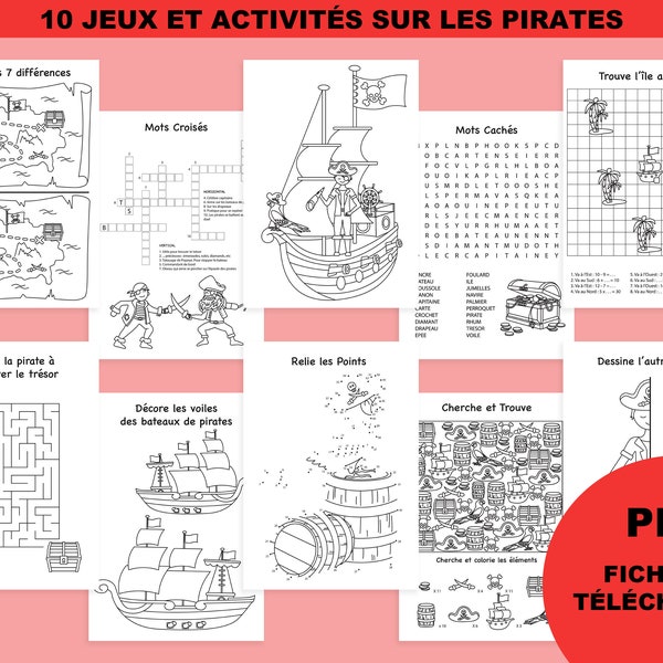 Anniversaire pirate, activité enfant imprimable, coloriage numérique enfant, jeux à imprimer, jeux anniversaire, téléchargement français PDF