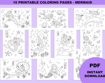 Mermaid coloring pages, mermaid party favors, instant download, printable PDF, under the sea, coloring book for kids, mermaid birthday, sea