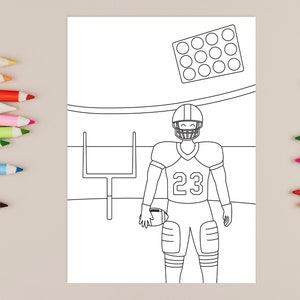 May include: A black and white line drawing of a football player wearing a helmet and jersey with the number 23. The player is holding a football and standing in front of a goal post. There are lights above the player.