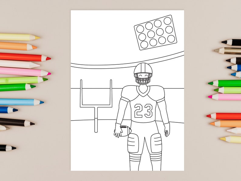May include: A black and white line drawing of a football player wearing a helmet and jersey with the number 23. The player is holding a football and standing in front of a goal post. There are lights above the player.