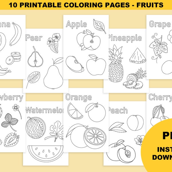 10 pages de coloriages fruits, livre de coloriage pour enfants, coloriage téléchargement numérique, coloriages fruits, coloriages à imprimer