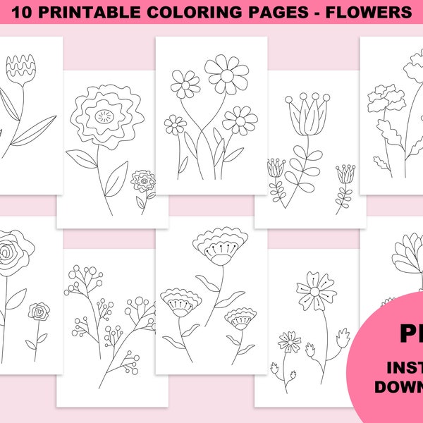 Coloriage à imprimer pour enfant avec des fleurs, 10 pages de coloriage PDF, livre de coloriage imprimable, coloriage à télécharger fleurs