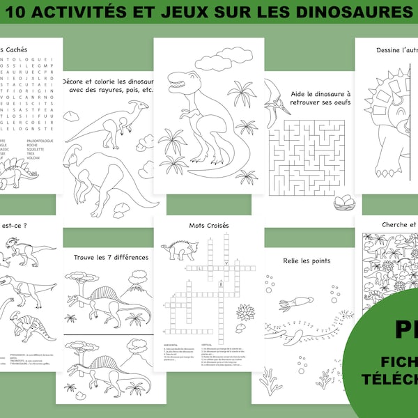 Jeux anniversaire enfant, téléchargement français, anniversaire dinosaure, activité enfant imprimable, theme dinosaure, pack anniversaire