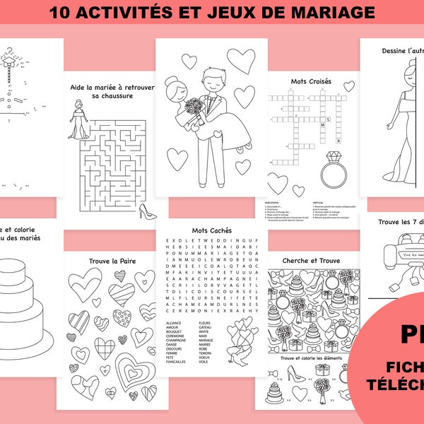 Activité enfant mariage français, cahier activité mariage en français, jeux à imprimer, téléchargement numérique, téléchargement instantané