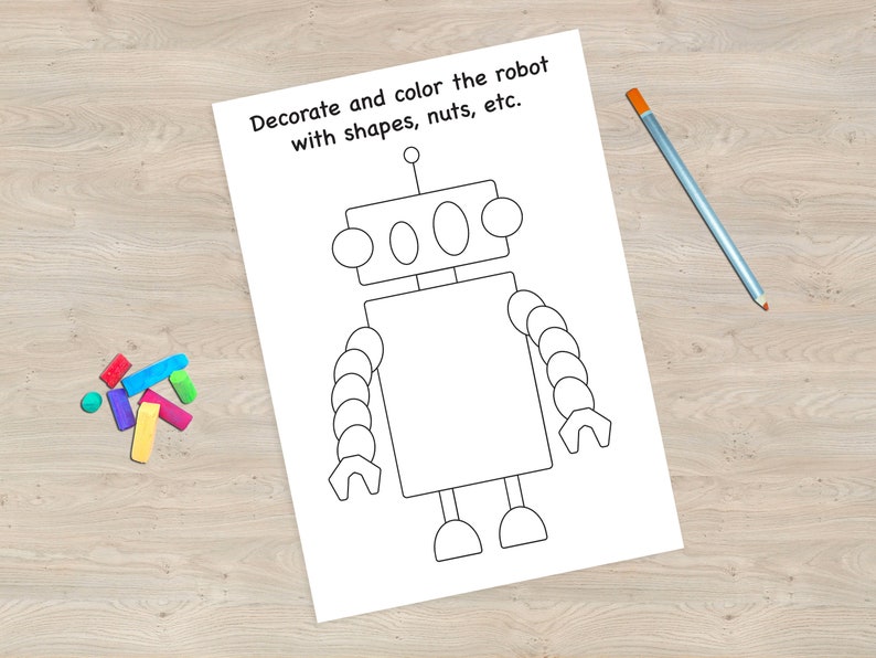 Puede incluir: Un contorno en blanco y negro de un robot en una hoja de papel blanca. El texto "Decora y colorea el robot con formas, tuercas, etc." est&aacute; en la parte superior de la p&aacute;gina.