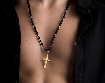 Stylish Handmade Onyx & Hematite Beads Men&#39;s Necklace featuring a Striking Gold Cross Pendant - Perfect Gift Idea!