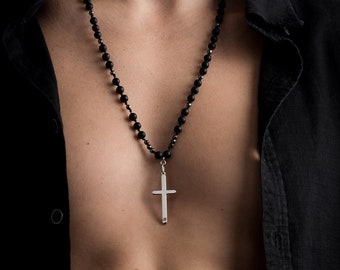Handcrafted Onyx & Hematite Beads Men’s Necklace - 925 Sterling Cross Pendant - Unique Gift