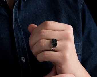 Silver Signet Ring: Men's Zircon Accent - Handmade Sterling