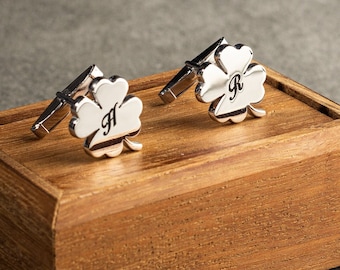 Four Leaf Clover Cufflinks - Personalised Engraved Initial Cufflinks - Customized Cufflinks - Groom Wedding Cufflinks - Wedding Gift