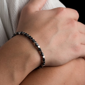 Sleek Hematite Bead Bracelet with Rhodium Silver Clasp - Men's Hematite Stone Bracelet - Custom Fit, Stylish Men's Accessory