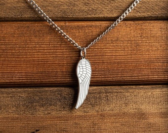 Engraved Silver Angel Wing Necklace For Men, Angel Wing Necklace, Mens Silver Necklace - Man Necklace - Necklace for Men