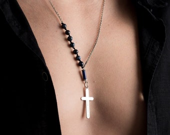 Lapis Lazuli Cross Pendant: Sterling Silver Rolo Chain, Spiritual Necklace