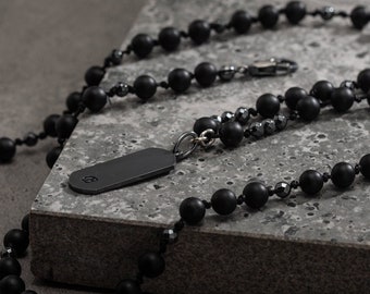 Engraved Rhodium-Plated Bar Necklace - Matte Onyx Beaded Men’s Necklace - Handcrafted Onyx & Hematite Beads Men’s Necklace