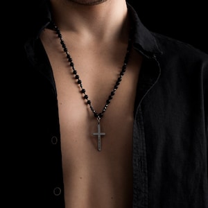 Handcrafted Men&#39;s Necklace - Onyx & Hematite Beads with Dark Grey Cross Pendant - Stylish and Unique Gift