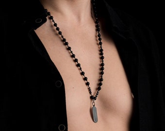 Engraved Rhodium-Plated Bar Necklace - Matte Onyx Beaded Men’s Necklace - Handcrafted Onyx & Hematite Beads Men’s Necklace