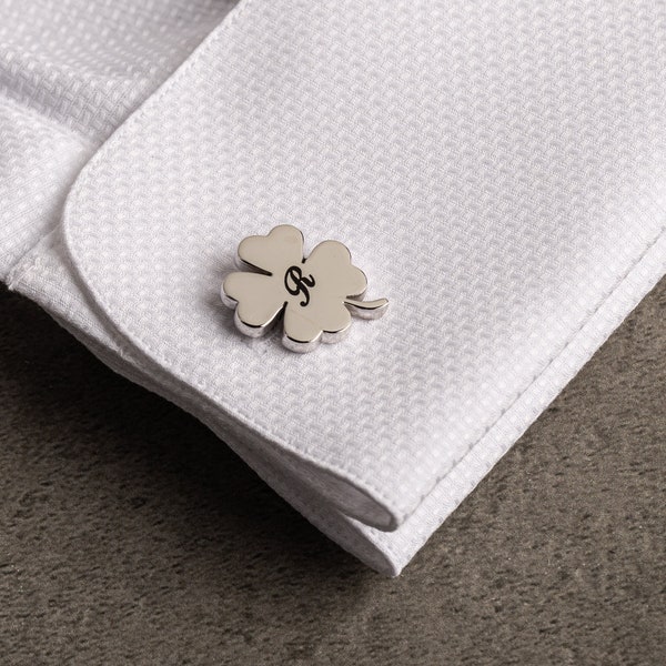 Four Leaf Clover Cufflinks - Personalised Engraved Initial Cufflinks - Customized Cufflinks - Groom Wedding Cufflinks - Wedding Gift