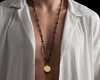 Gold Custom Pendant - Jasper & Hematite Bead Necklace for Men - Engraved Gold Vermeil Pendant with Jasper - Artisan Men&#39;s Beaded Necklace
