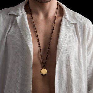 Pingente personalizado de ouro - Colar de contas de jaspe e hematita para homens - Pingente de ouro vermeil gravado com jaspe - Colar de contas masculino artesanal