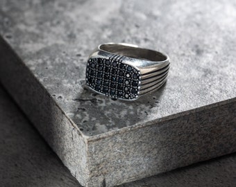 Sterling Silver Men's Ring: Zircon Stones, Handmade Signet