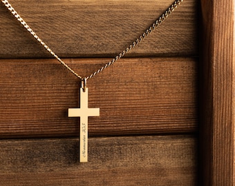 Gold Customized Cross Necklace - Men&#39;s Gold Cross Necklace - Custom Fathers Day Gift - Personalized Engraved Cross Necklace