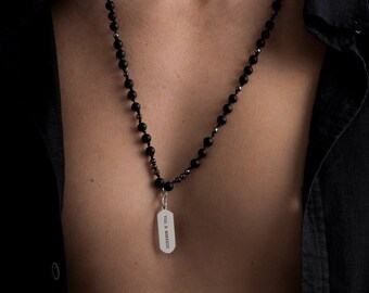 Personalized Sterling Silver Bar Necklace - Custom Engraved, Men’s, Necklace - Handcrafted Onyx & Hematite Beads Men’s Necklace