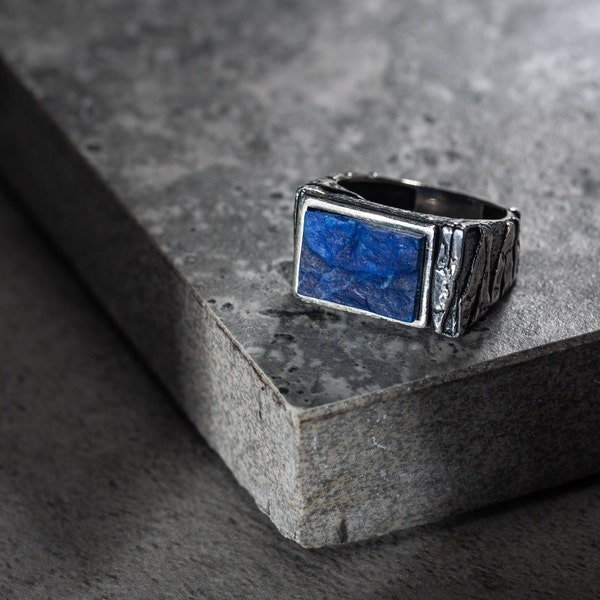 Bague décorative artisanale en lapis et en argent sterling - Bague unique en argent pour homme avec pierre de lapis - Cadeau parfait pour lui