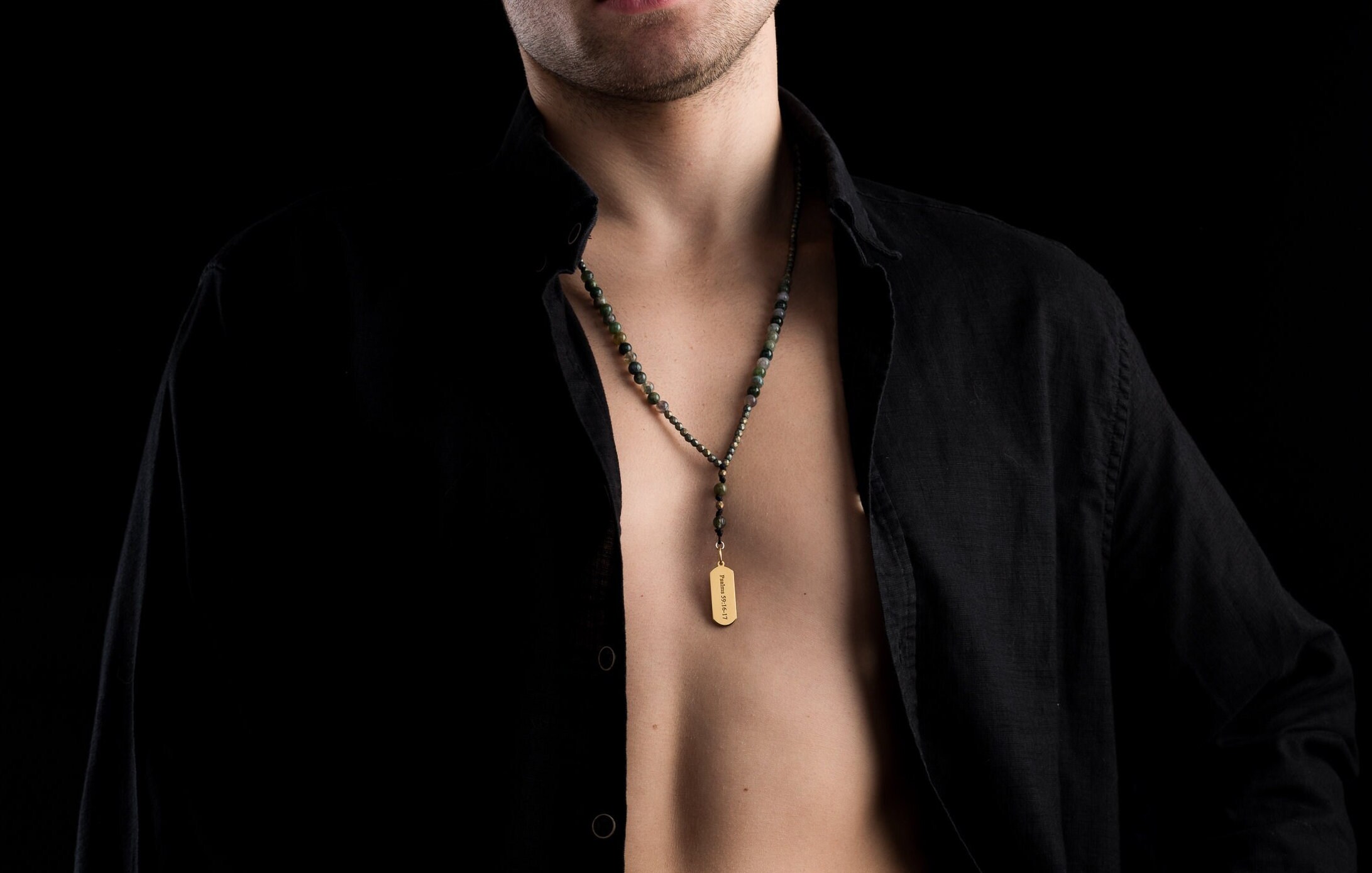 Custom Gold Vermeil Tag and Agate Beaded Necklace - Men's Elegant Chain - Men's Engraved Gold Vermeil Tag Pendant - Mixed Gemstone Necklace