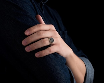 Sterling Silver Men’s Ring - Black Zircon Geometric Signet