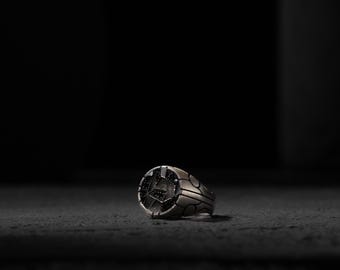 Men's Silver Ring, Black Zircon, Geometric Style (925 Sterling)