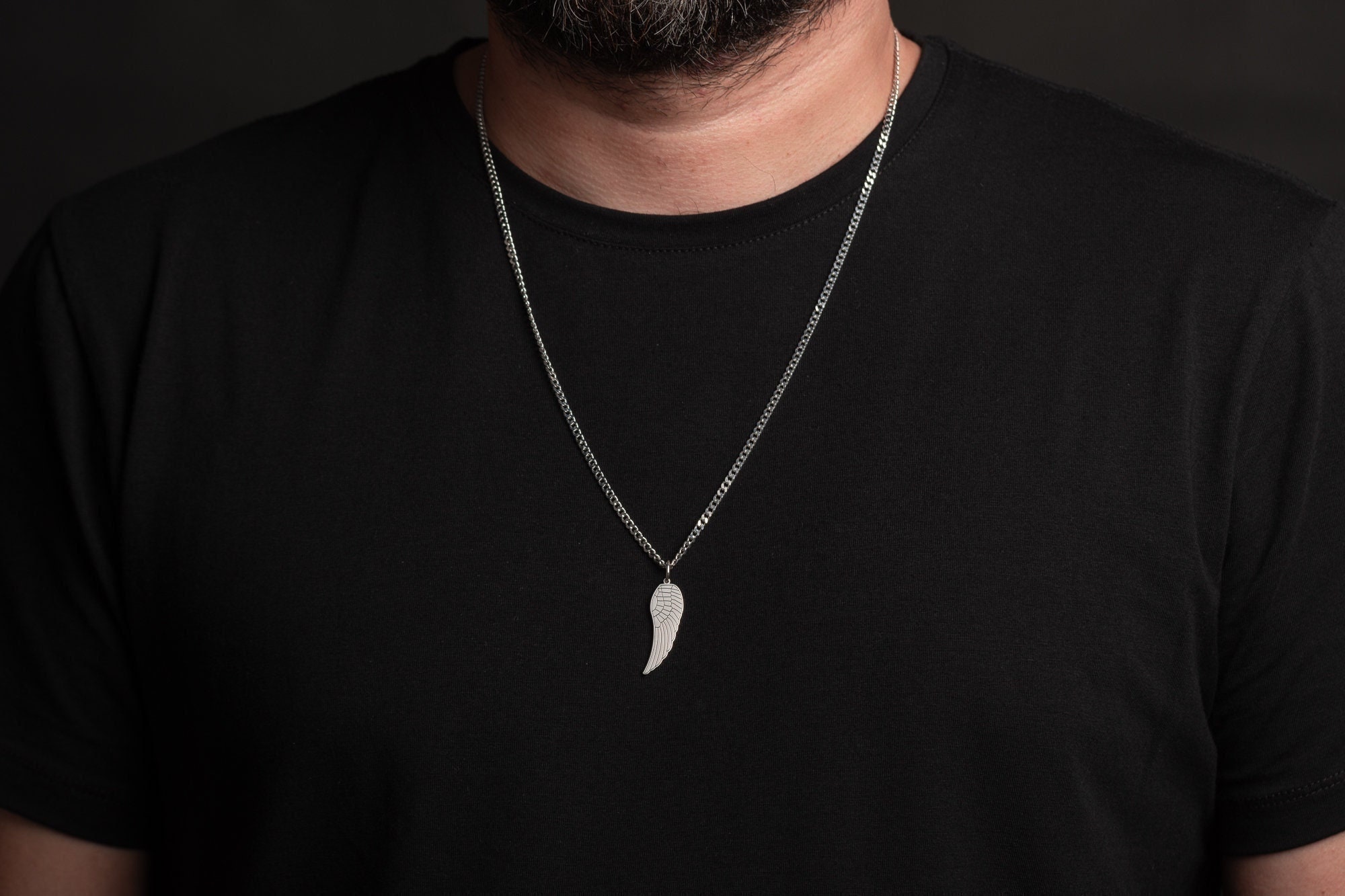 Engraved Sterling Silver Angel Wing Necklace for Men