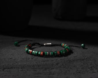 Natural Malachite & Coral Beaded Bracelet – Perfect Gift for Him, Sterling Silver Details