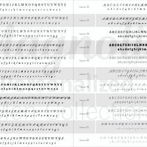 May include: A sheet of paper with 22 different font styles displayed in black ink. Each font style is labeled with a number from 1 to 22. The font styles range from simple to ornate.