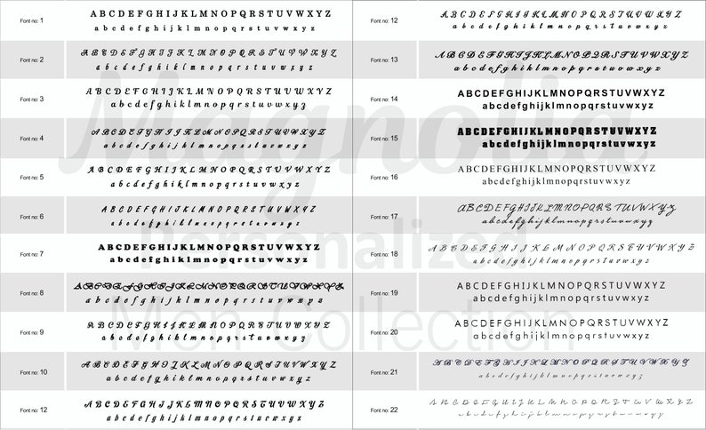 May include: A sheet of paper with 22 different font styles displayed in black ink. Each font style is labeled with a number from 1 to 22. The font styles range from simple to ornate.