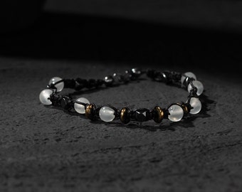Cat's Eye & Hematite Bead Bracelet: Sterling Silver Clasp, Adjustable