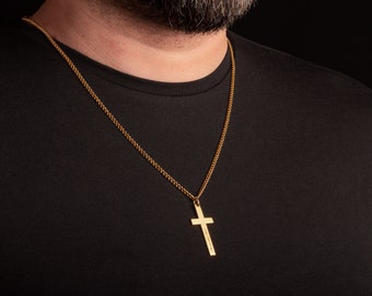 Gold Customized Cross Necklace - Men's Gold Cross Necklace - Custom Fathers Day Gift - Personalized Engraved Cross Necklace