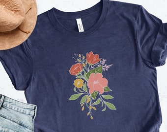 Floral Bouquet Tee, Flower Lover TShirt, Peony Flowers, Peach Flowers