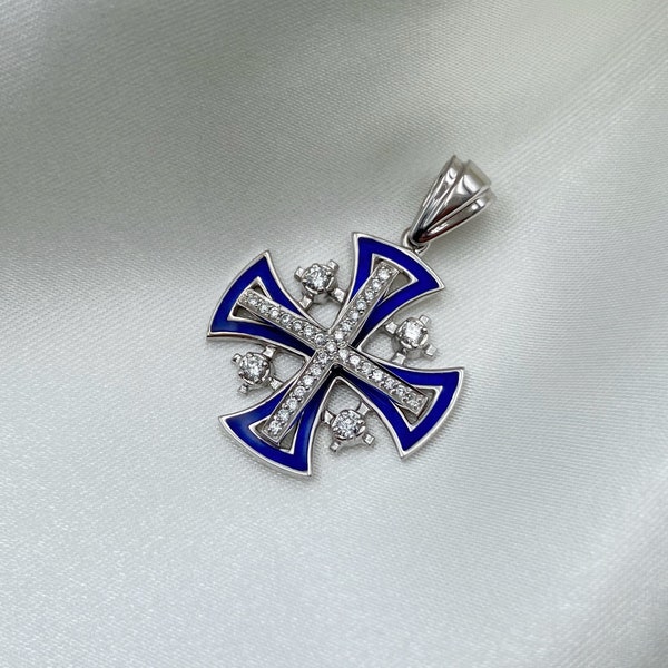 Jerusalem Cross Pendant (14k Solid White Gold + Blue Enamel + Diamonds) by Star of Bethlehem