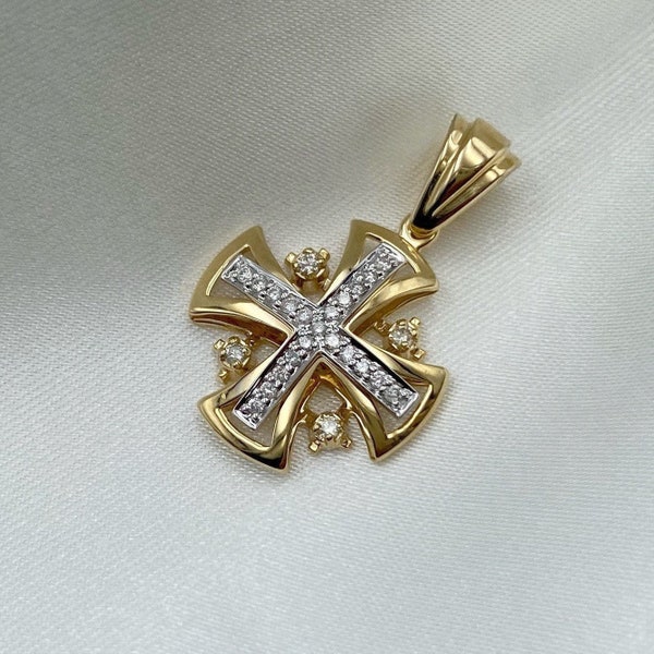 Jerusalem Cross Pendant in 14k Solid Gold & 25 Diamonds 0.35ct - Handcrafted Holy Land Jewelry