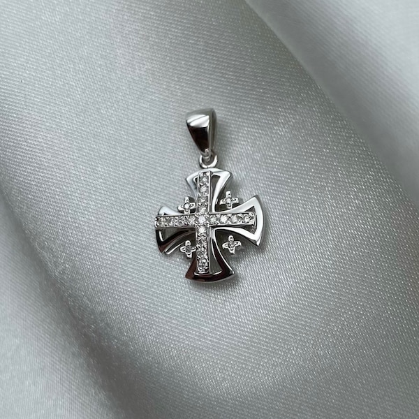 Jerusalem Cross Pendant ( 14k Solid White Gold + 21 Diamonds 0.17ct) by Star of Bethlehem