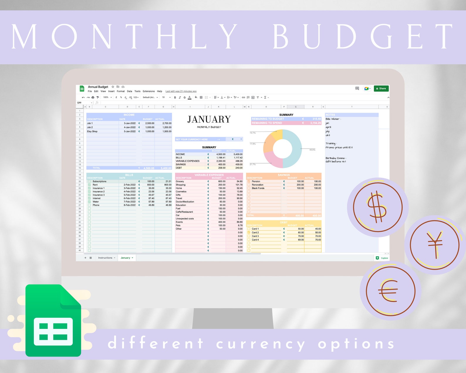 Monthly Budget | Google Sheets Budget Planner | Easy to Use | Budget ...