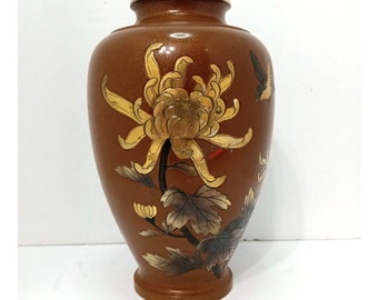 Vintage Japanese Gilt and Painted Mixed Metal Vase, Birds and Chrysanthemum Flower