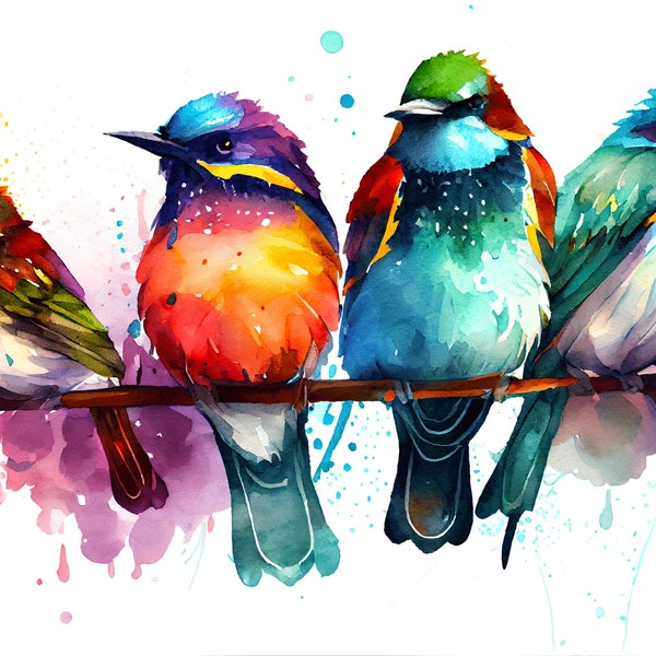 Digital Watercolor art of colorful birds, HD PNG, Instant download artwork, AI generated wall deco, modern livingroom print, cute bird decor