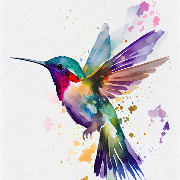 Whimsical hummingbird watercolor print, HD PNG download, instant digital home decor, minimalist artwork perfect for any room, AI wall art