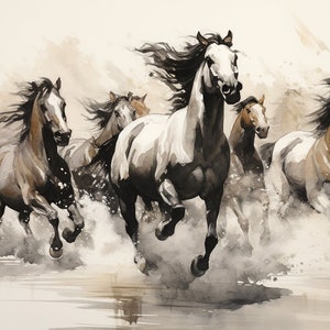 Digital Feng Shui art of eight running horses, HD PNG, Instant download artwork, AI generated wall deco, modern living room print