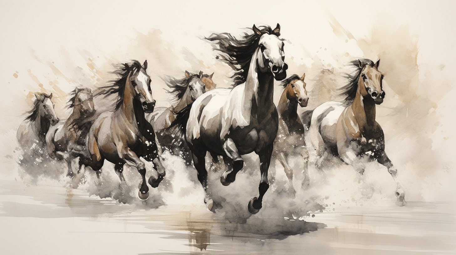 Digital Feng Shui Art of Eight Running Horses, HD PNG, Instant Download Artwork, AI Generated Wall Deco, Modern Living Room Print - Etsy
