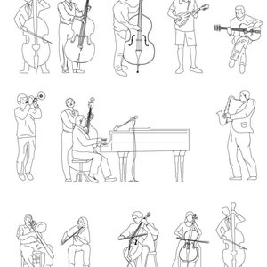 May include: A black and white line drawing illustration of musicians playing various instruments, including a trumpet, saxophone, piano, cello, and bass. The illustration includes the text "DWG, PNG, SVG, EPS, AI" and "MUSIC, INSTRUMENT, DANCER..."