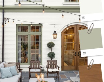 Puede incluir: Una casa de ladrillo blanco con molduras verdes y una puerta de madera. La casa tiene un patio con muebles y luces de cadena. La imagen incluye una paleta de colores con muestras para el cuerpo, el marco y la puerta.
