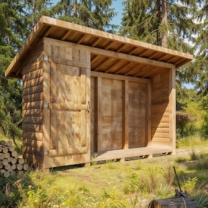 May include: A wooden shed with a hinged door and a roof. The shed is surrounded by green grass and trees.